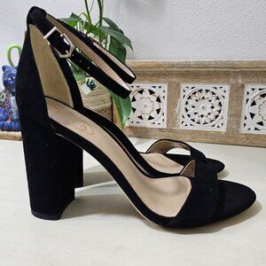 SAM EDELMAN Black Leather Suede Ankle Strap Block Heel Sandal Womens Sz 9.5 W